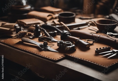 Leather craftmans work desk Piece of hide and working tools on a work table