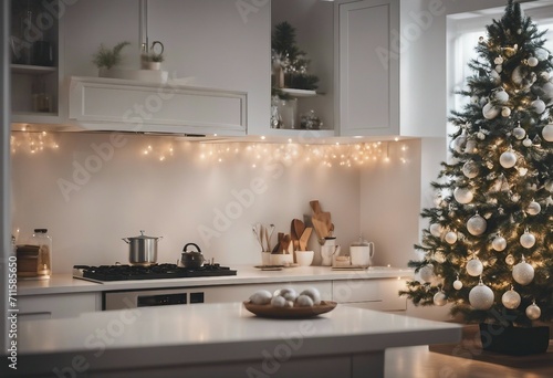 Modern White Kitchen with Christmas Tree Hanging Lights