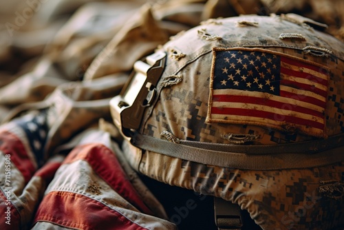 American flag on helmet of US Marine soldie photo