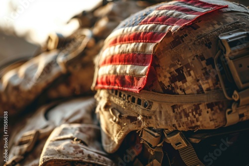 American flag on helmet of US Marine soldie photo