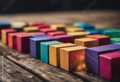 Spectrum of colorful wooden blocks aligned on a rustic old wood table Japanese Color set Background