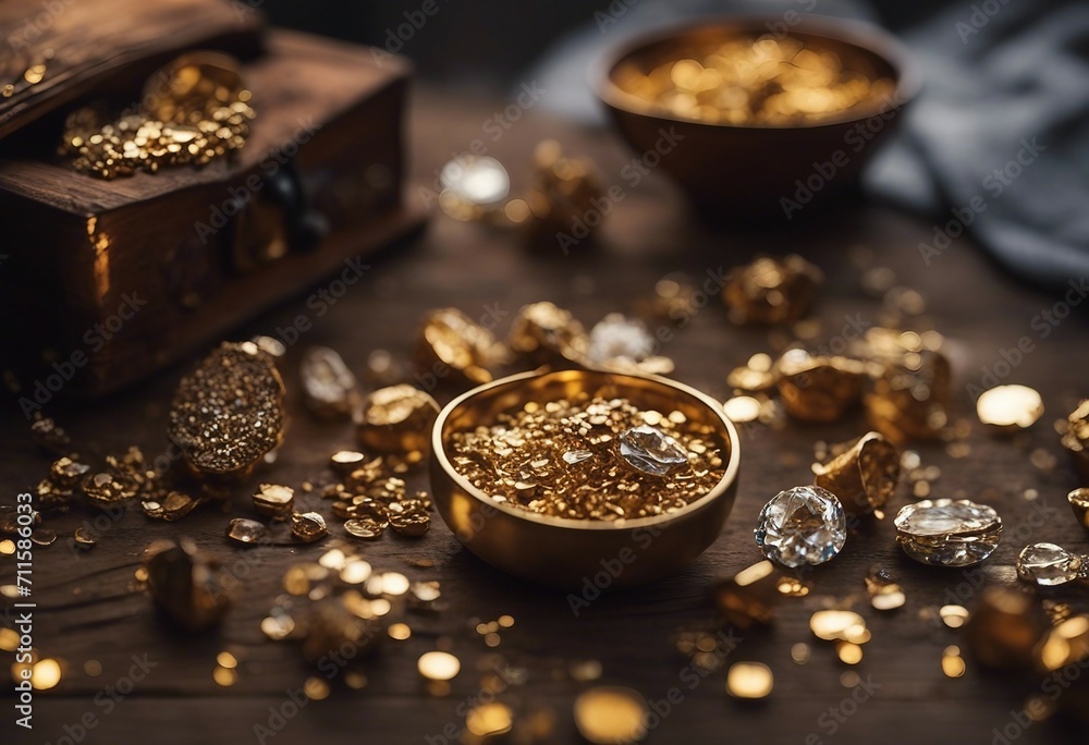 Treasure hunting Mining for gems Gold and gems on rough wooden surface Treasure hunting Mining for gems Gold and gems on rough wooden surface