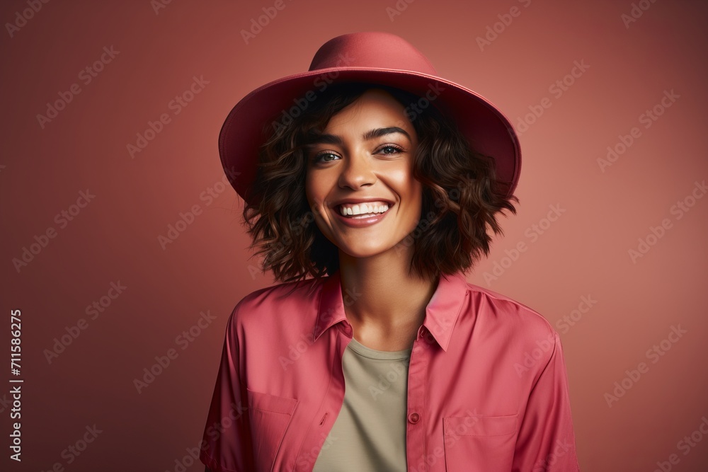 Portrait of a beautiful smiling young woman in pink coat and hat Portrait of a beautiful smiling young woman in pink coat and hat