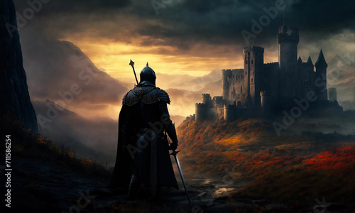 The knight standing in front of the abandoned castle in the dark night.  photo