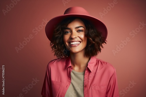 Portrait of a beautiful smiling young woman in pink coat and hat