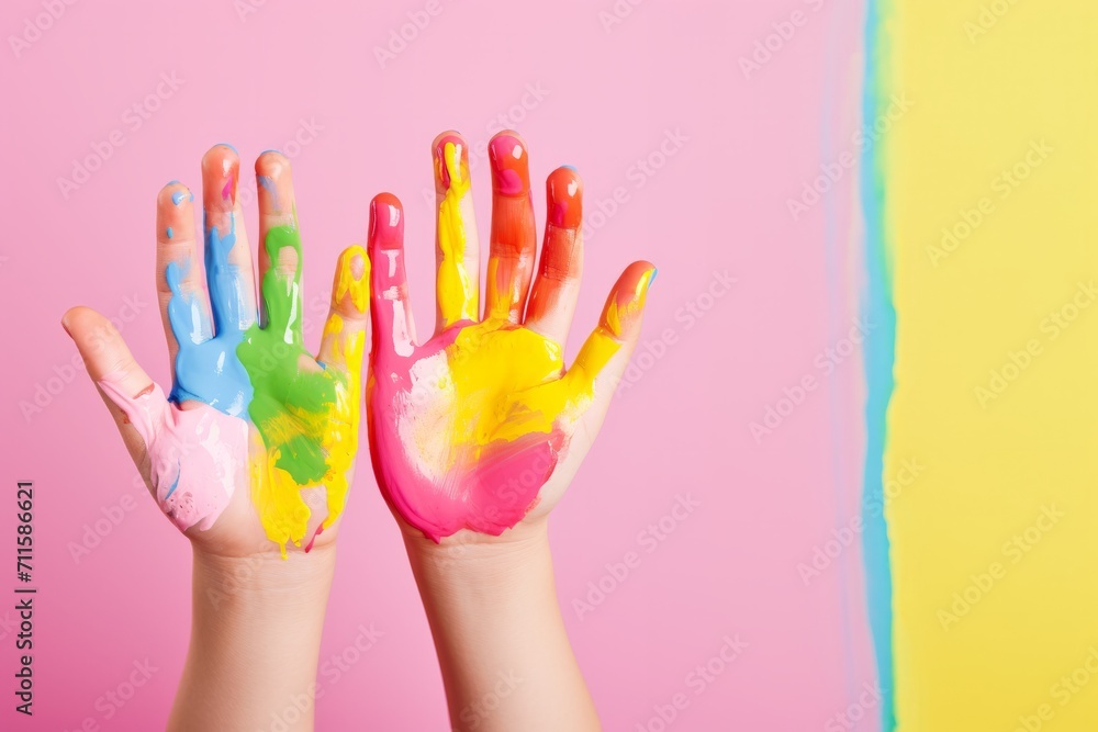 Colourful child's painted hands up on the pink background Colourful child's painted hands up on the pink background