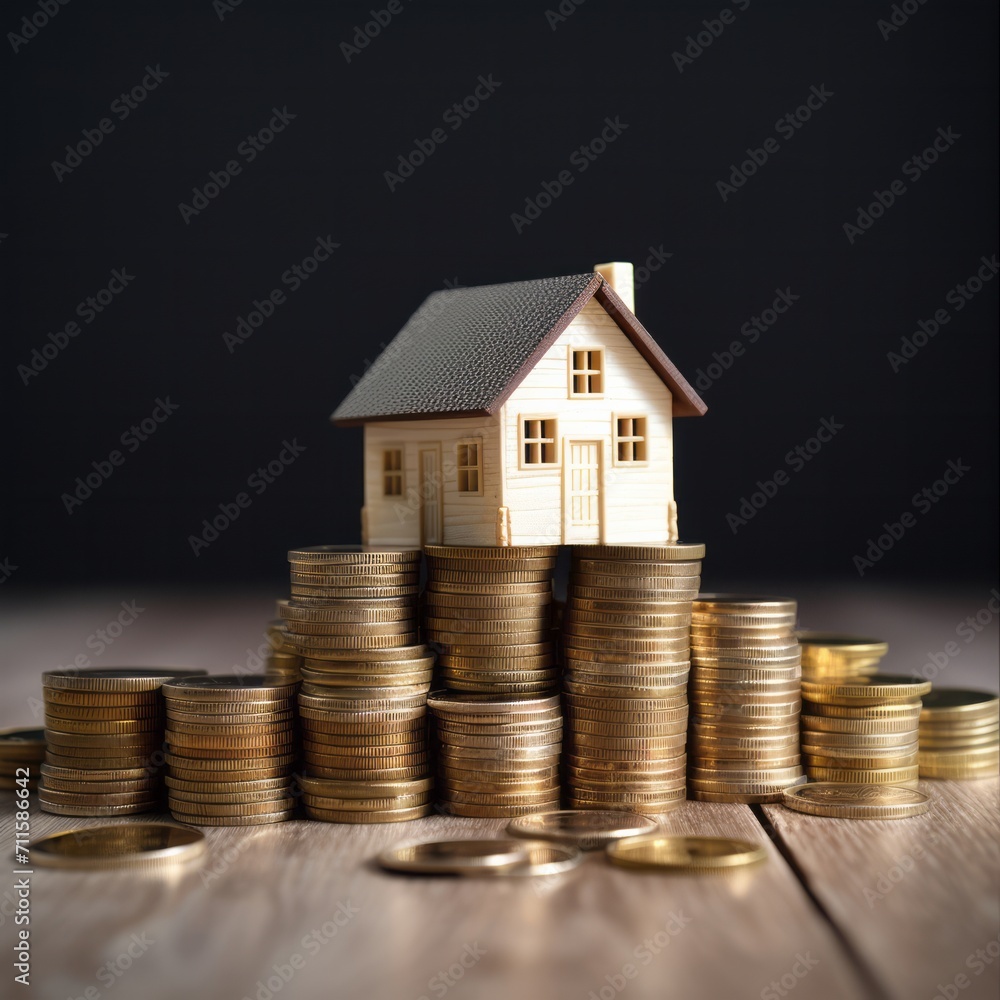 Business and investment growth concept with model house and coin in blur background Business and investment growth concept with model house and coin in blur background