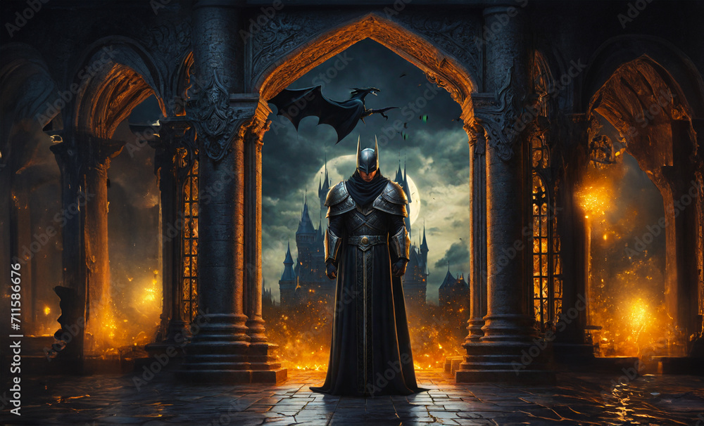 The knight standing in front of the abandoned castle in the dark night. The knight standing in front of the abandoned castle in the dark night.