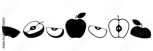 Different apples silhouettes parts set. Whole, half and slices of apple collection. Vector illustration isolated on white.