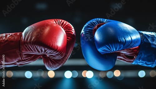 Red and blue boxing gloves clashing. Head-to-head confrontation and conflict. © UMPH.CREATIVE