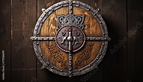 Weathered viking shield intricate wood grain and battle scars unveiled in textured display