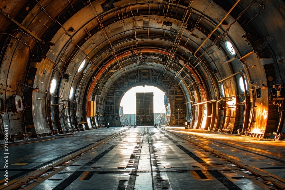 A young aircraft maintenance engineer works in an empty large jet's interior