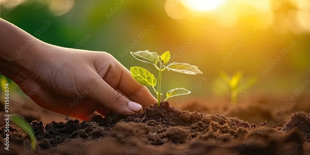 Fototapeta premium Nurturing nature future. Child hopeful act of planting small seedling embracing concept of environmental sustainability and eco friendly agriculture to care for green earth one sprout at time