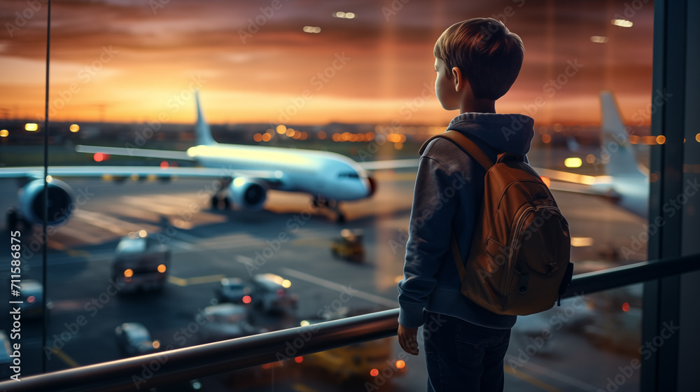 little boy carrying a bag Looking at airplanes in the terminal while waiting to board at the airport. - obrazy, fototapety, plakaty 