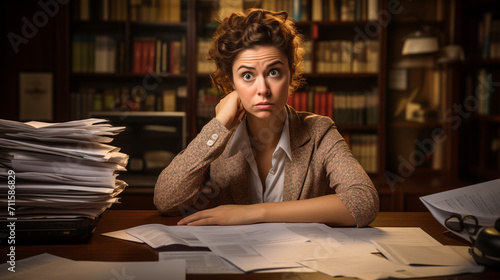 The woman looked concerned with the invoice and documents at the table. Financial problems and debt Expenses greater than income