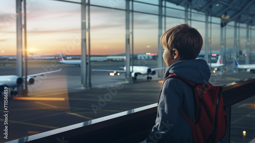 little boy carrying a bag Looking at airplanes in the terminal while waiting to board at the airport.