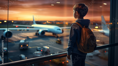 little boy carrying a bag Looking at airplanes in the terminal while waiting to board at the airport.