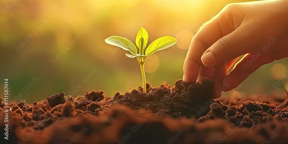 Fototapeta premium Nurturing nature future. Child hopeful act of planting small seedling embracing concept of environmental sustainability and eco friendly agriculture to care for green earth one sprout at time