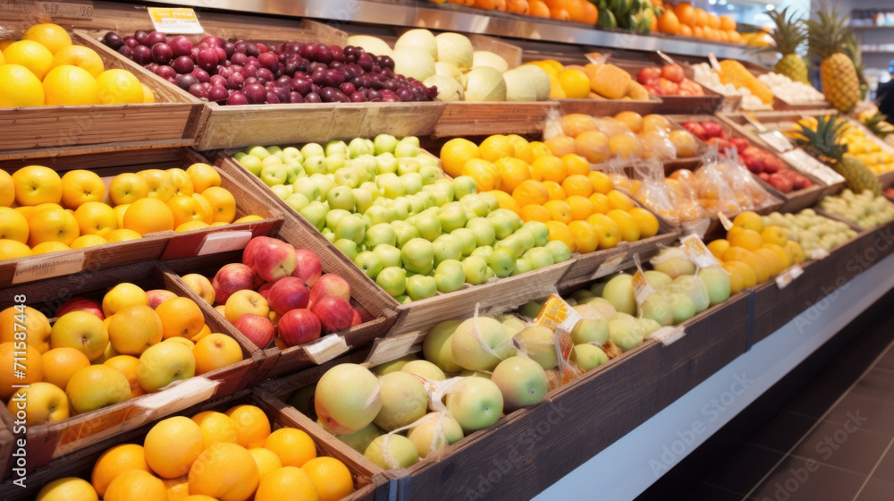 Shelf with ripe fruits on food market display