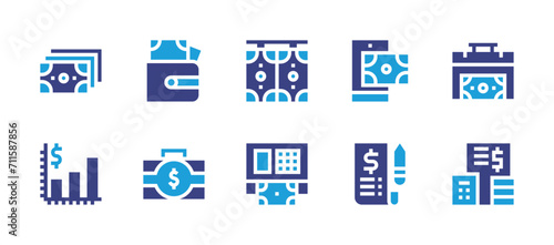 Finance icon set. Duotone color. Vector illustration. Containing wallet, earning, money, money laundering, briefcase, bill, graph, atm, budget. © Huticon