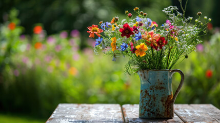 Bunch of wild field flowers on table, summer scenery, natural green garden background
