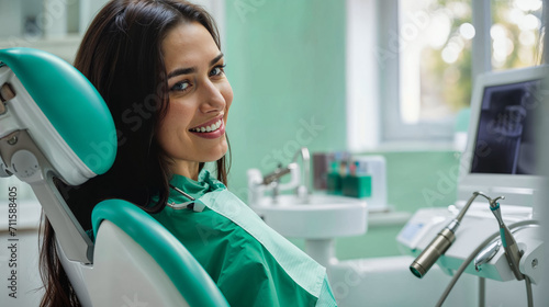Cheerful woman reclines in a dentist s chair  displaying bright smile in modern and clean dental clinic  conveying positive healthcare experience.