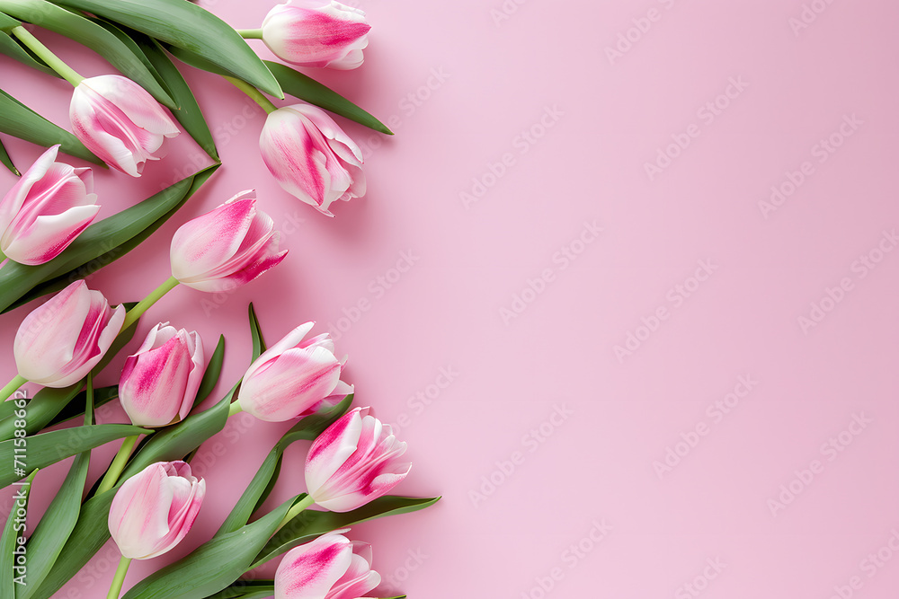 top view of tulips, copy space background, pastel pink, Valentine's Day concept