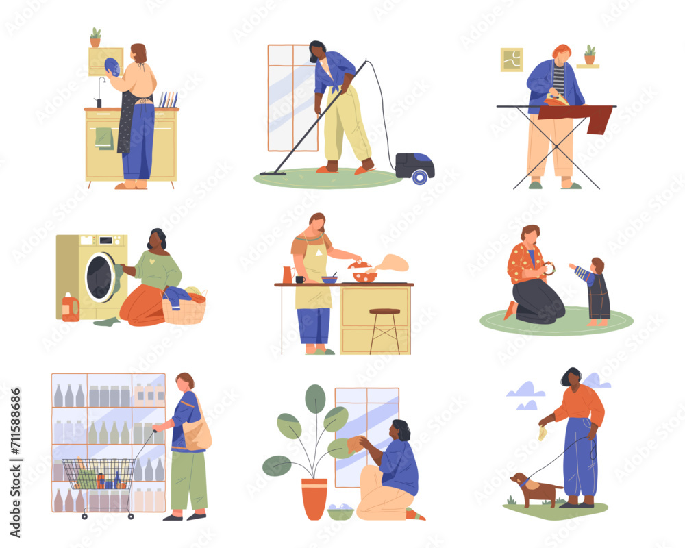 Woman day routine, housekeeping and housework. Vector isolated image set. Washing and ironing, laundry and cleaning, shopping, cooking, vacuuming, baby and pet care. Domestic duties. Woman day routine, housekeeping and housework. Vector isolated image set. Washing and ironing, laundry and cleaning, shopping, cooking, vacuuming, baby and pet care. Domestic duties.