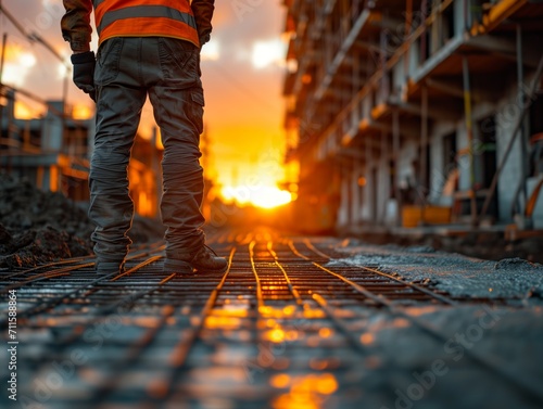 Engineers are inspecting concrete pouring work and the sun is shining.