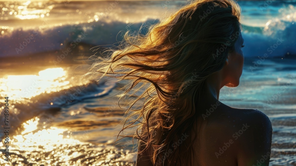 illustration of a woman with her hair down, bathed in sunlight, in front of the ocean waves generative ai illustration of a woman with her hair down, bathed in sunlight, in front of the ocean waves generative ai
