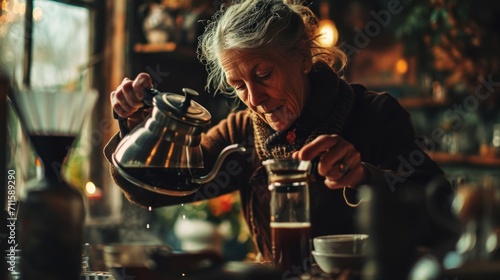 Close up of senior woman pouring boiling water into a cafetiere