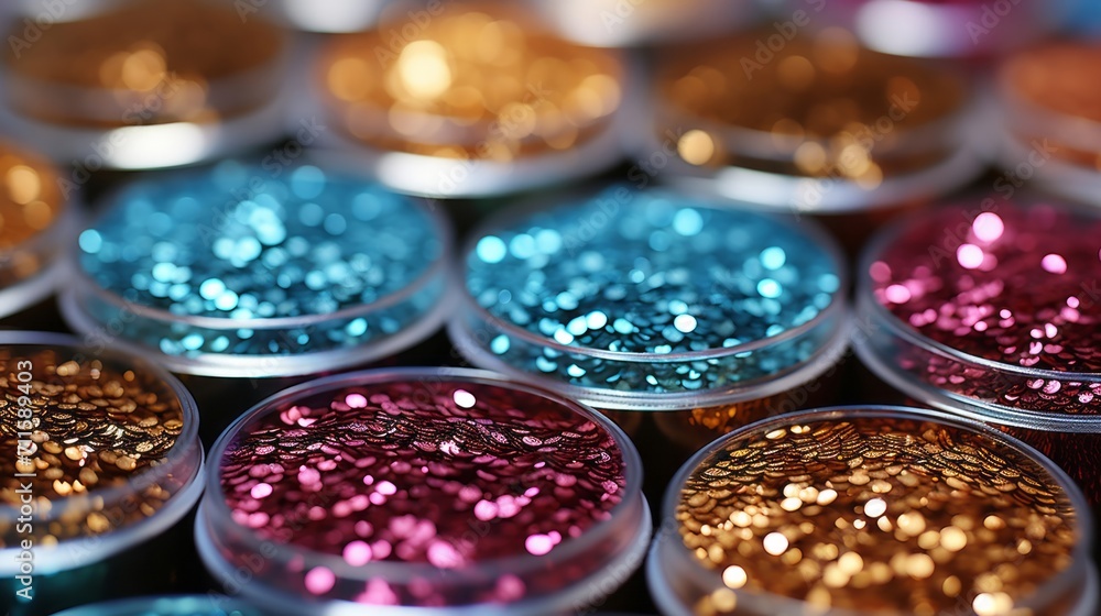 Dazzling display of multicolored glitter, focusing on the shimmering details that convey a festive mood Dazzling display of multicolored glitter, focusing on the shimmering details that convey a festive mood