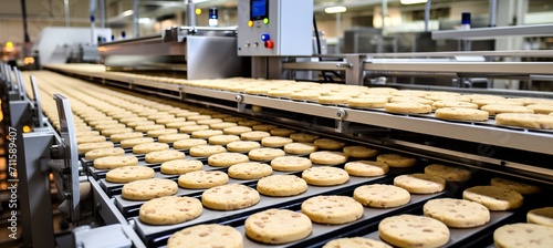 Baking cookie production line with biscuits on a conveyor belt in a bustling confectionery factory photo