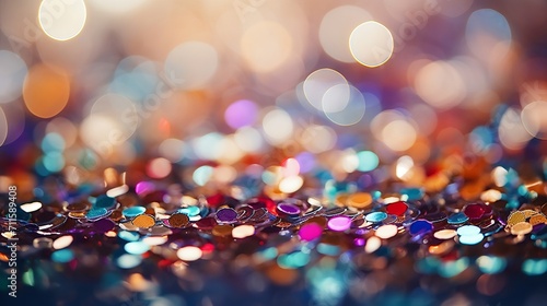 Macro shot of a glittering surface with a bokeh effect, capturing the essence of a festive, colorful celebration