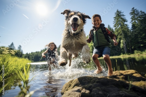Close-up of three boys jumping into a lake beside the forest with their pet dog. wide angle © chutikan