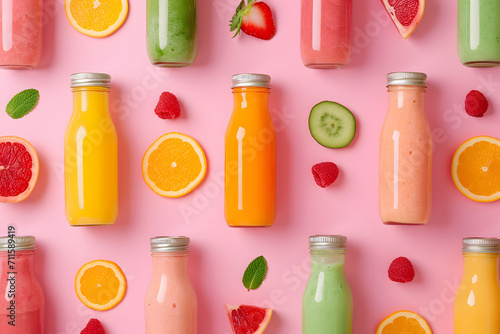  Smoothies in glass bottles on pastel pink background, healthy fruit or vegetable juices, fresh food concept, diet goals