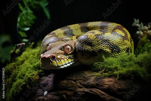 Coiled around a lichen covered branch this royal python is looking down as if about to strike wide angle
