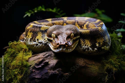 Coiled around a lichen covered branch this royal python is looking down as if about to strike wide angle