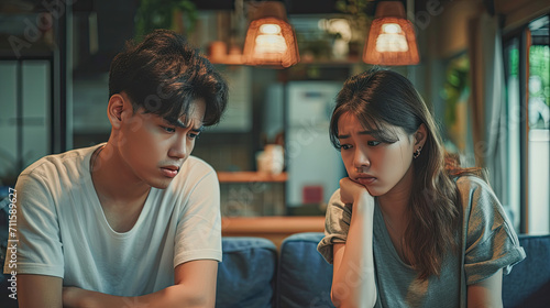 Asian young quarrel couple love fight relationship in trouble. Different people are emotionally angry. Argue husband has expression, upset with wife. The problem of family people.