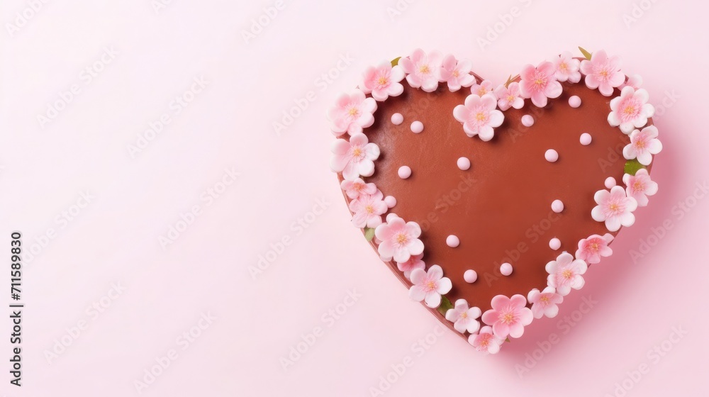 Bento heart shaped cake on light pink background, Valentine's Day, free space for text