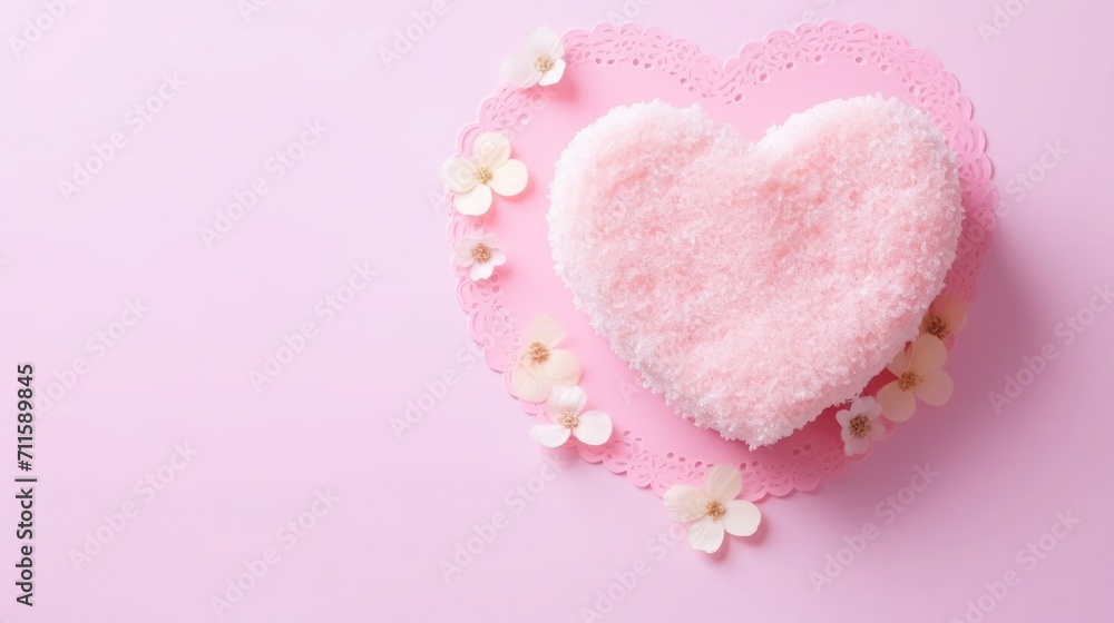Bento heart shaped cake on light pink background, Valentine's Day, free space for text
