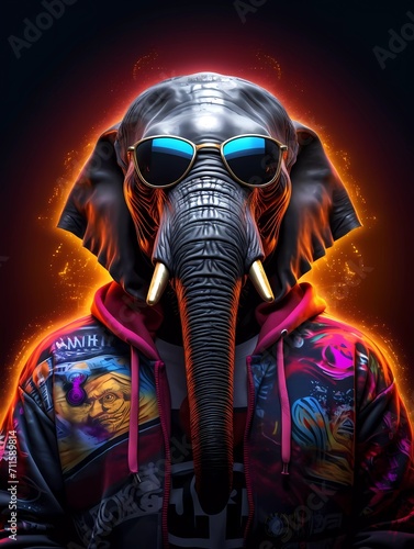 DJ elephant wears sunglasses and hoodie, with colorful neon lights. generative ai