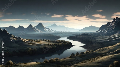 Peaceful landscapes beautiful natural scenery of mountains and rivers