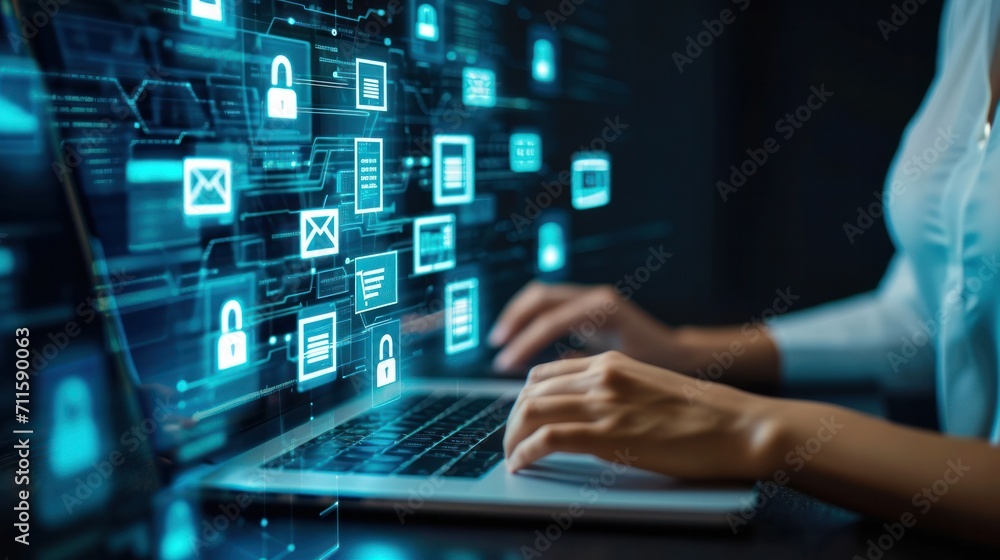 Businesswomen use laptops and show folder icons on virtual screen, Online Document Management System (DMS) and safety in the system concept, Data transfer, documents, Security system data store Businesswomen use laptops and show folder icons on virtual screen, Online Document Management System (DMS) and safety in the system concept, Data transfer, documents, Security system data store