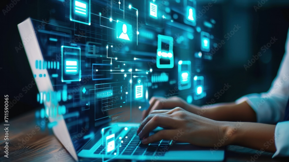 Businesswomen use laptops and show folder icons on virtual screen, Online Document Management System (DMS) and safety in the system concept, Data transfer, documents, Security system data store Businesswomen use laptops and show folder icons on virtual screen, Online Document Management System (DMS) and safety in the system concept, Data transfer, documents, Security system data store