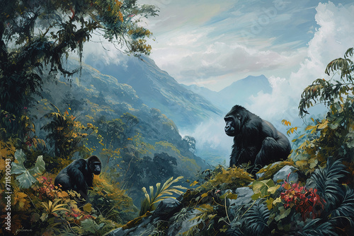Gorillas in their natural habitat amidst thick foliage.