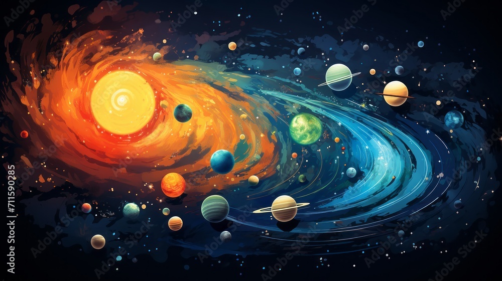 An educational illustration of a stylized planetary system with a sun ...