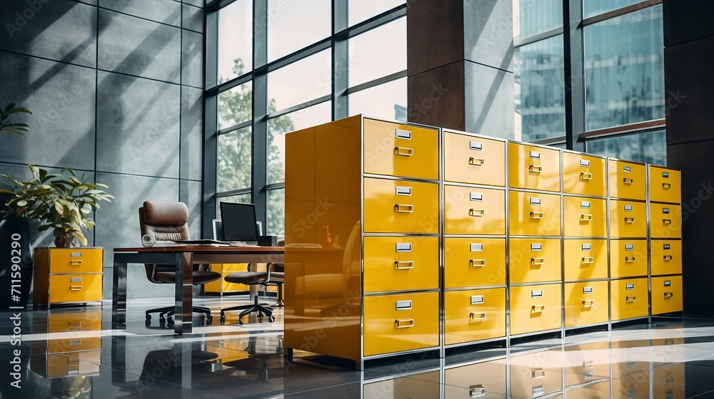 Corporate archive scene with a focus on a silver file cabinet and yellow folders in a sleek office environment - obrazy, fototapety, plakaty 