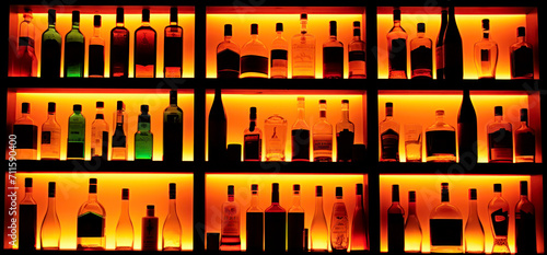Rows of bottles on shelf in bar, back lighting, my own photo used for reference