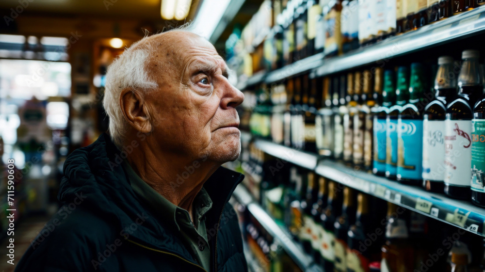 Old man looking on alcohol bottles in supermarket Old man looking on alcohol bottles in supermarket